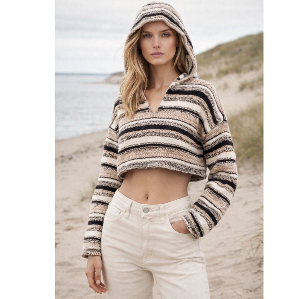 By Together Striped Cropped‎ Knit Hoodie Neutral Earth Tones Small/Medium Boho
